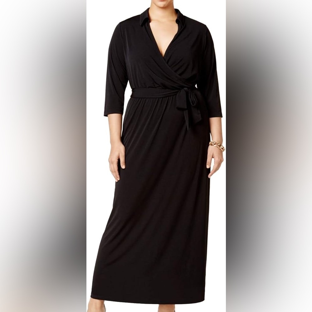 NY Collection Women's Navy Blue Plus-Size 3/4 Slev Wrap Front Maxi Dress Size 2X